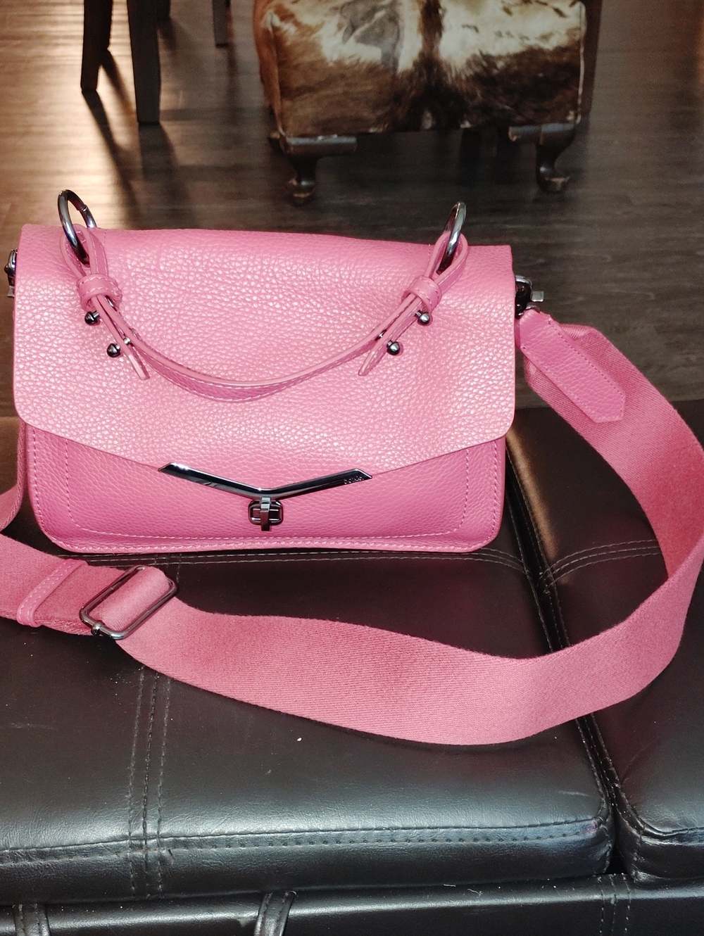 Botkier Pink Pebbled Leather Crossbody with Wide Strap and Silver Hardware